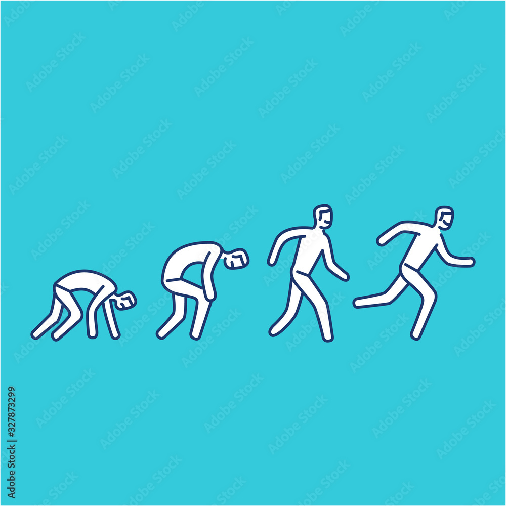 Never give up. Vector illustration of businessman evolution from crawling to running forward | modern flat design linear concept icon and infographic on blue background Never give up. Vector illustration of businessman evolution from crawling to running forward | modern flat design linear concept icon and infographic on blue background