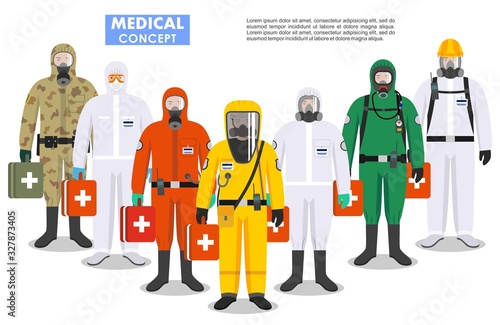 Medical concept. Detailed illustration different doctors in differences protective suits and masks on white background in flat style. Dangerous profession. Virus, infection, epidemic, quarantine.