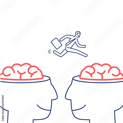 Mind exchange. Vector illustration of businessman jumping from one brain to other | modern flat design linear concept icon and infographic blue and red on white background