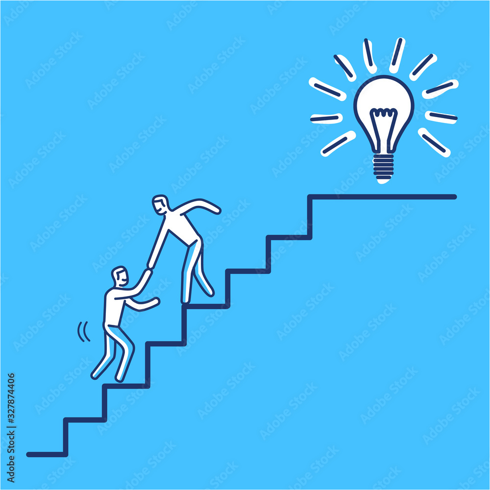 Helping hand to success. Vector business illustration of businessman collaboration on stairs to goal | modern flat design linear concept icon and infographic on blue background Helping hand to success. Vector business illustration of businessman collaboration on stairs to goal | modern flat design linear concept icon and infographic on blue background