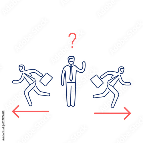 Indecision. Vector illustration of confused businessman choosing the right way | modern flat design linear concept icon and infographic red and blue on white background