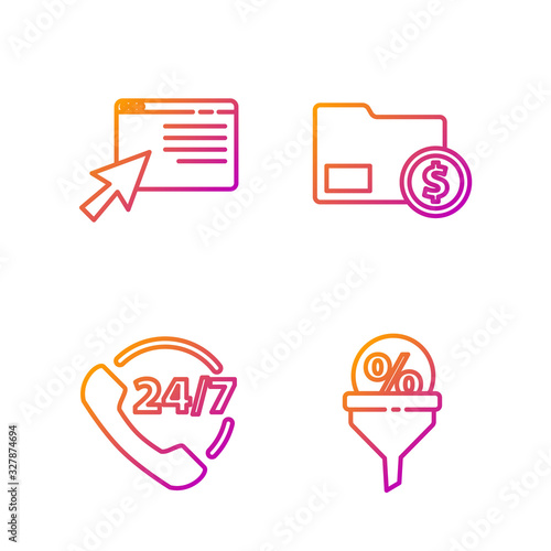 Set line Lead management, Telephone 24 hours support, Online shopping on screen and Envelope with coin dollar. Gradient color icons. Vector
