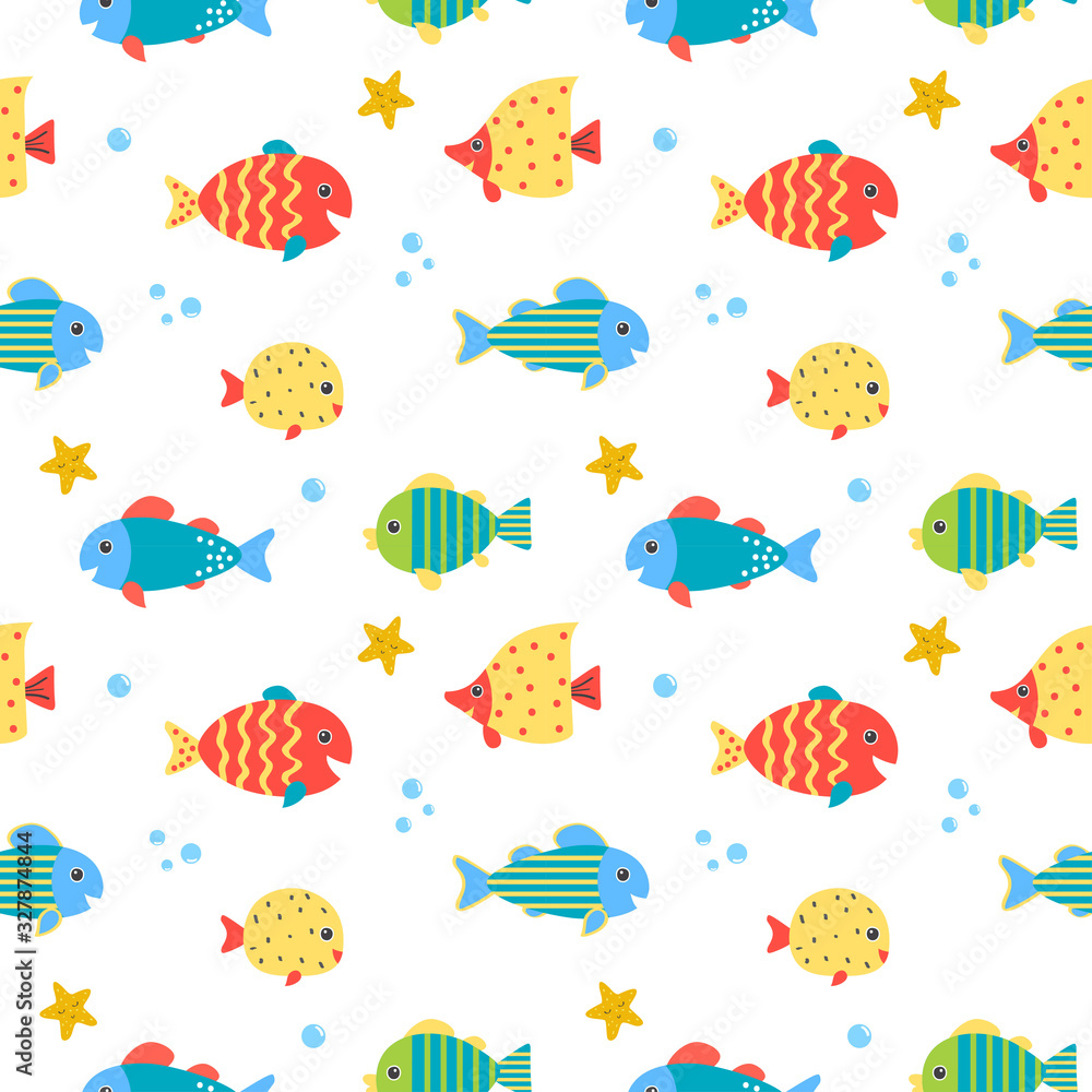 Kids pattern with colorful fish in the white backdrop