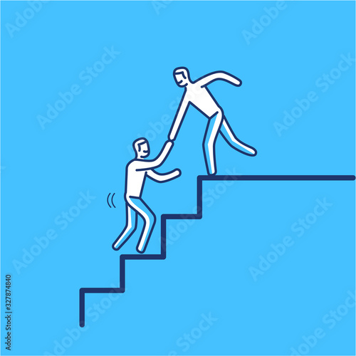 Helping hand. Vector illustration of businessman supporting on the way up on stairs | modern flat design linear concept icon and infographic on blue background