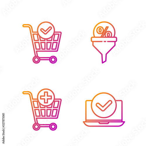 Set line Laptop, Add to Shopping cart, Shopping cart with check mark and Lead management. Gradient color icons. Vector
