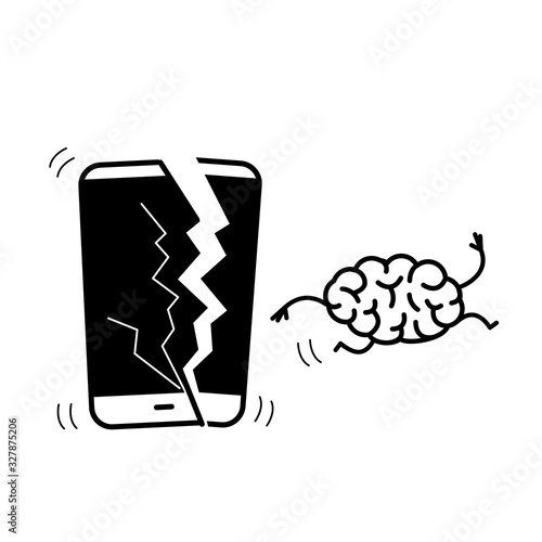 Happy brain without technology. Vector concept illustration of freed brain escaping out of the broken smartphone | flat design linear infographic icon black on white background photo