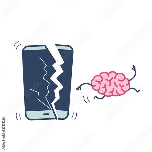 Happy brain without technology. Vector concept illustration of freed brain escaping out of the broken smartphone | flat design linear infographic icon colorful on white background