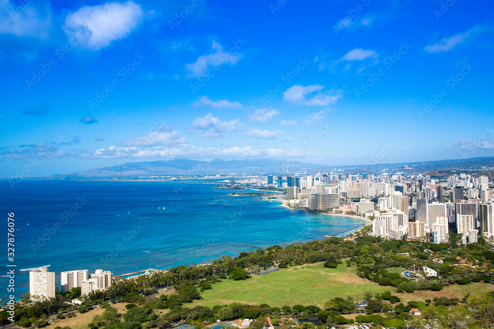 View of Honolulu skyline from Diamond Head lookout, Waikiki beach landscape background. Great Hawaii travel photo. Destination scenic