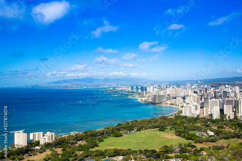 Fototapeta Naklejka Na Ścianę i Meble -  View of Honolulu skyline from Diamond Head lookout, Waikiki beach landscape background. Great Hawaii travel photo. Destination scenic