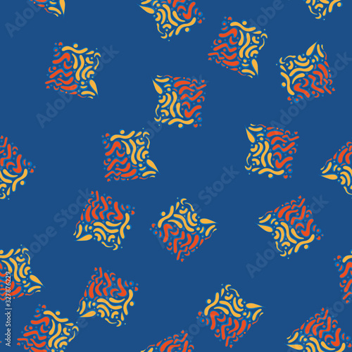 Abstract hand drawn vector seamless pattern. Memphis or hipster texture. Illustration in trendy yellow orange and blue colors. Card template  textile  wallpaper design wrapping paper or web background