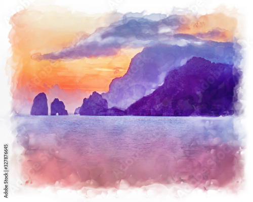 Watercolor illustration of Capri Island near Naples, Italy. Beautiful color image of a landscape with sea, mountains and bright sky. 