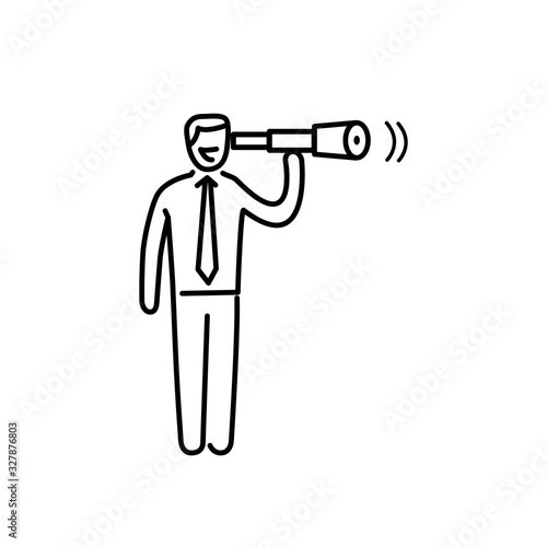 View. Vector business illustration businessman with telescope | modern flat design linear concept icon and infographic black on white background
