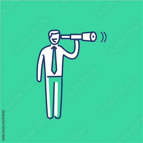 View. Vector business illustration businessman with telescope | modern flat design linear concept icon and infographic red and blue on green background