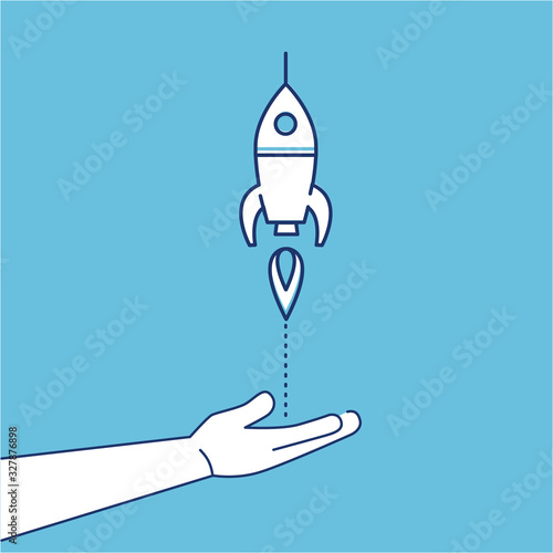 Conceptual vector icon of campaign or project launch rocket starting from open hand palm | modern flat design marketing and business linear illustration and infographic concept on blue background
