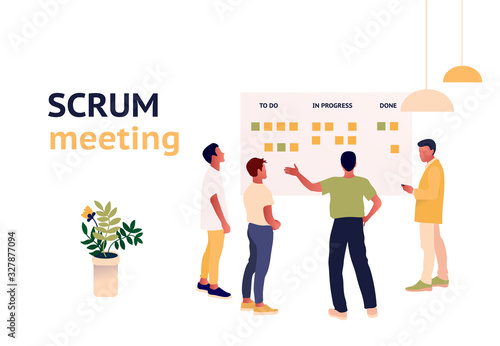 Stand-up meeting vector illustration. Agile and scrum methodology. Scrum master with developer team. Kanban whiteboard with stickers. Trendy flat style illustration. photo