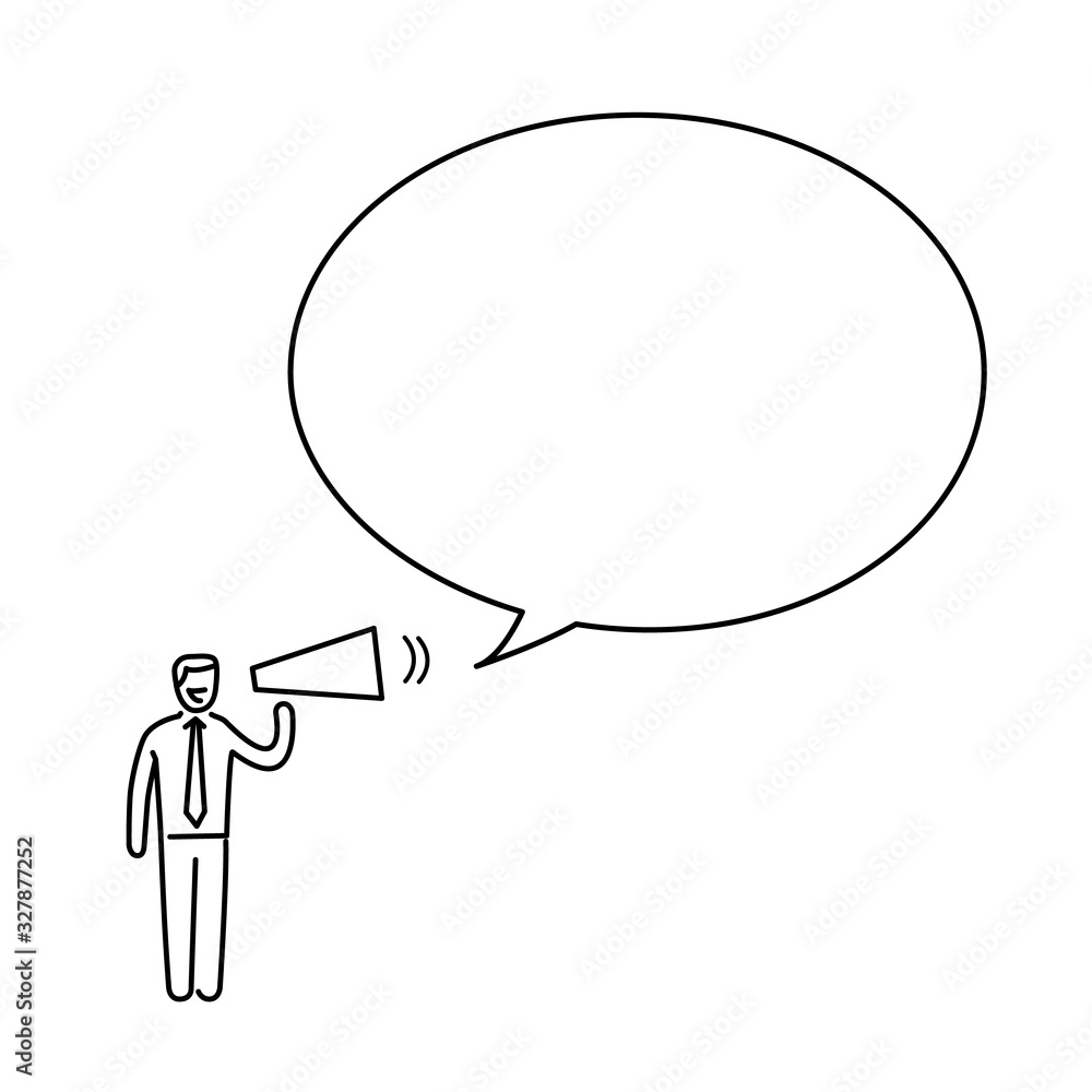Marketing and communication. Vector business illustration of speaking businessman with megaphone in to buble | modern flat design linear concept icon and infographic black on white background Marketing and communication. Vector business illustration of speaking businessman with megaphone in to buble | modern flat design linear concept icon and infographic black on white background