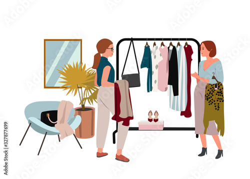 Woman doing shopping flat vector illustration. Happy boutique customer and friendly seller cartoon characters. Clothing sale, consumerism concept. Garments shop, apparel retail business.