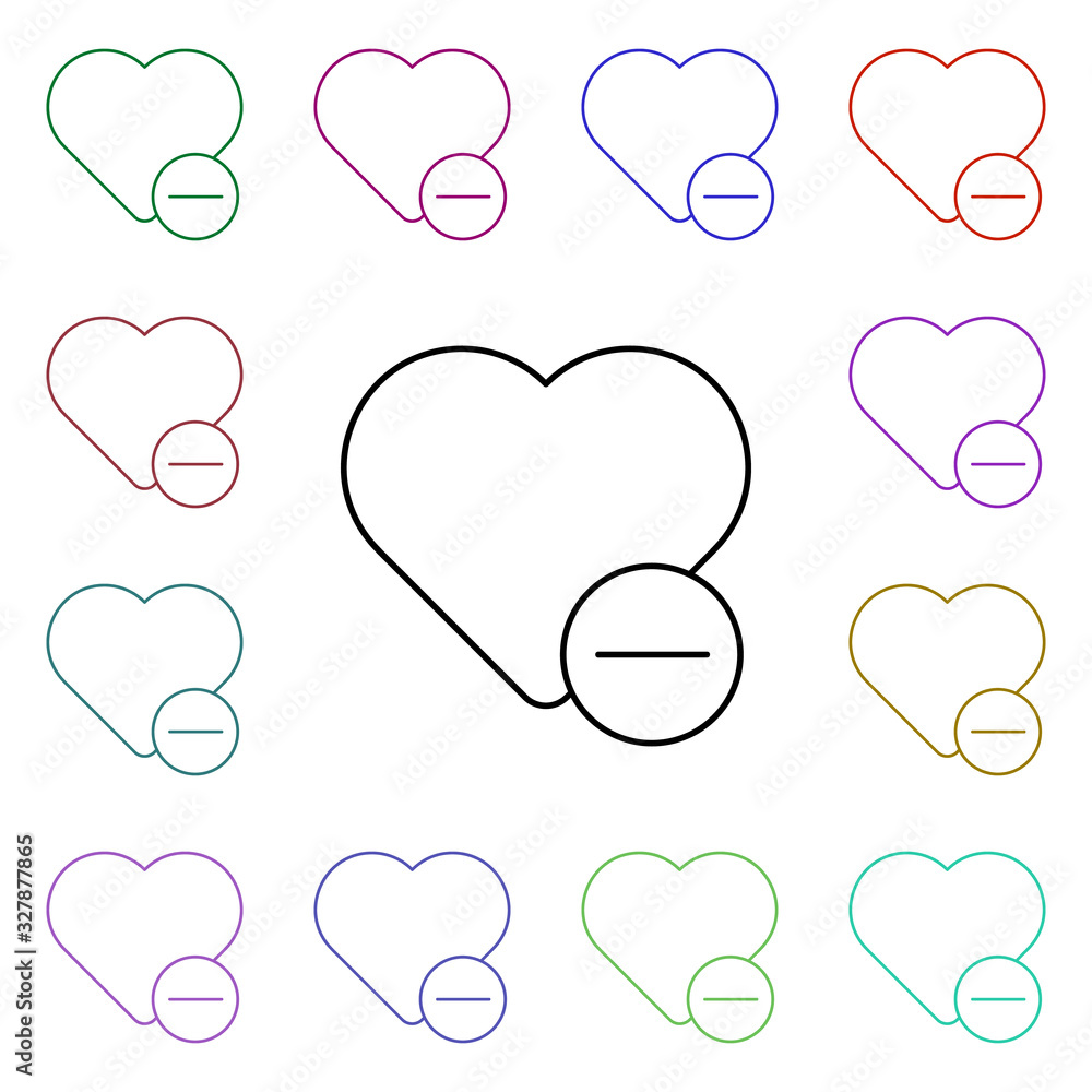 Remove heart multi color style icon. Simple thin line, outline vector of sosial media network icons for ui and ux, website or mobile application Remove heart multi color style icon. Simple thin line, outline vector of sosial media network icons for ui and ux, website or mobile application