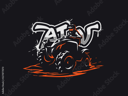 ATV vehicle logo on dark background. All-terrain off-road 4x4 quad illustration.