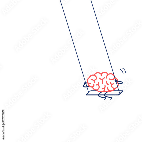 Brain swings on swing. Vector concept illustration of happy relaxed creative mind | flat design linear infographic icon red and blue on white background