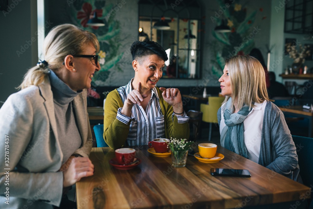 mid aged woman friends talking and drinking coffee in cafe mid aged woman friends talking and drinking coffee in cafe