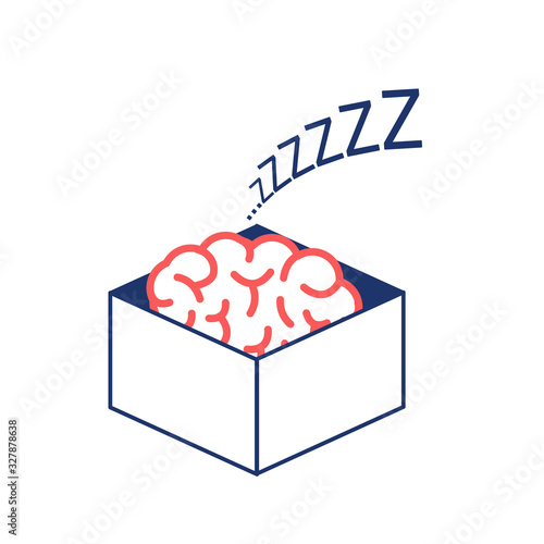Brain sleeping in the box. Vector concept illustration of inactive passive mind | flat design linear infographic icon red and blue on white background
