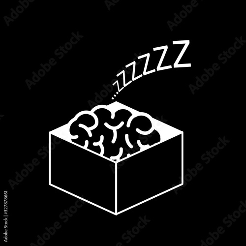 Brain sleeping in the box. Vector concept illustration of inactive passive mind | flat design linear infographic icon white on black background