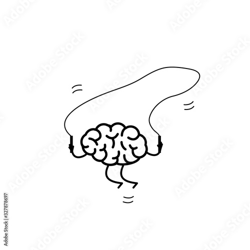 Brain jumping over the skipping rope. Vector concept illustration of happy brain and peaceful mind | flat design linear infographic icon black on white background
