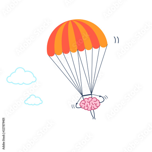 Fototapeta Naklejka Na Ścianę i Meble -  Brain flying on parachute. Vector concept illustration of inventive and creative mind | flat design linear infographic icon colorful on white backgroun