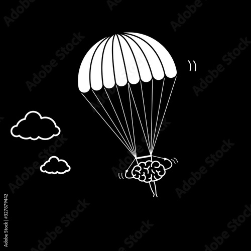 Brain flying on parachute. Vector concept illustration of inventive and creative mind | flat design linear infographic icon white on black background