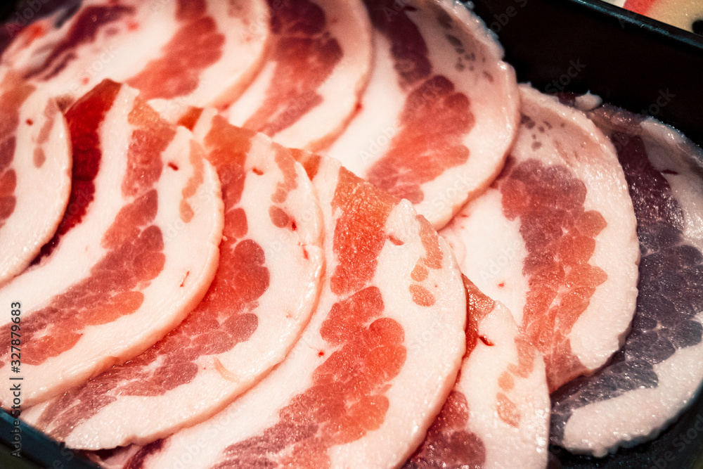 Close Up with Sliced Pork for Shabu and Sukiyaki Close Up with Sliced Pork for Shabu and Sukiyaki