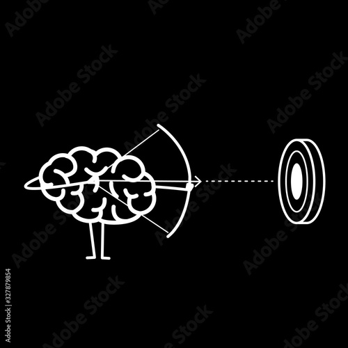 Brain archer aiming target. Vector concept illustration of mind focusing on goal | flat design linear infographic icon white on black background