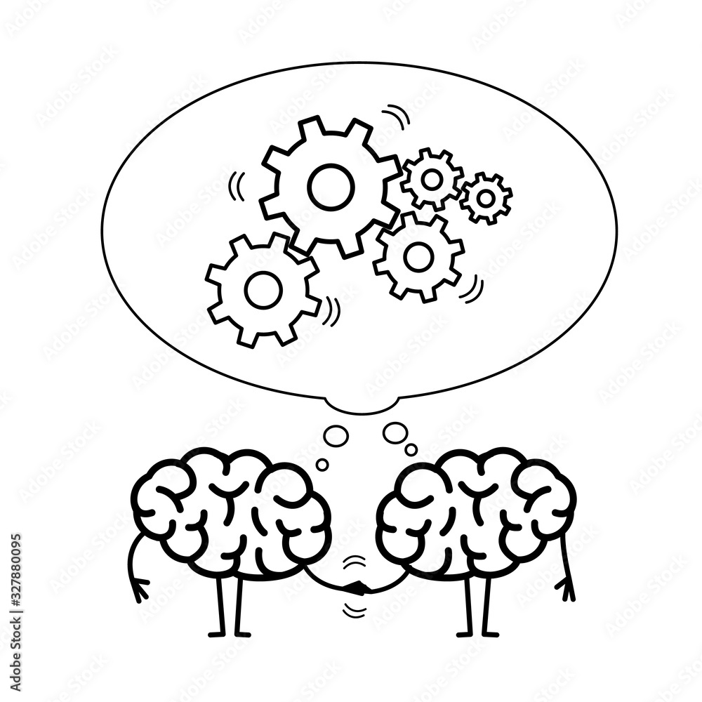 Two brains cooperation. Vector concept illustration of teamwork handshake with bubble with moving gears | flat design linear infographic black on white background Two brains cooperation. Vector concept illustration of teamwork handshake with bubble with moving gears | flat design linear infographic black on white background