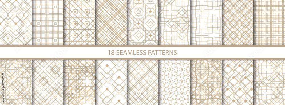 Set of eighteen gold decorative seamless patterns vector of different geometric forms. Abstract pattern for design cards, invitations, wallpaper, wrapping paper. Square, rhombus, triangle, line - obrazy, fototapety, plakaty 