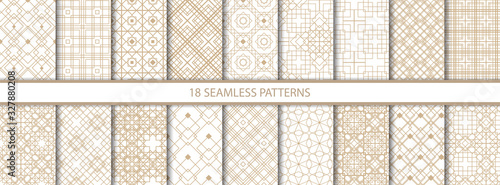 Set of eighteen gold decorative seamless patterns vector of different geometric forms. Abstract pattern for design cards, invitations, wallpaper, wrapping paper. Square, rhombus, triangle, line