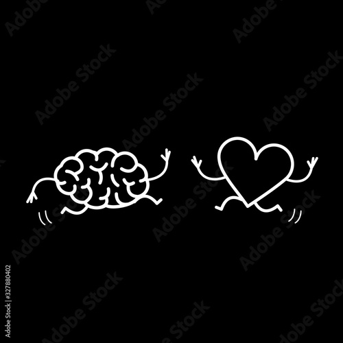 Brain and heart in love running together. Vector concept illustration of mind and feelings cooperation and teamwork | flat design linear infographic icon white on black background
