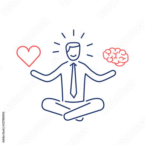 Balance. Vector illustration of meditating businessman balancing heart and brain | modern flat design linear concept icon and infographic red and blue on white background
