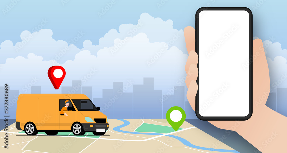 Naklejka premium Delivery van going to deliver parcel, food, product to customer by app on blank screen smartphone tracking on a moped with a ready meal, technology and logistics concept with city in the background.