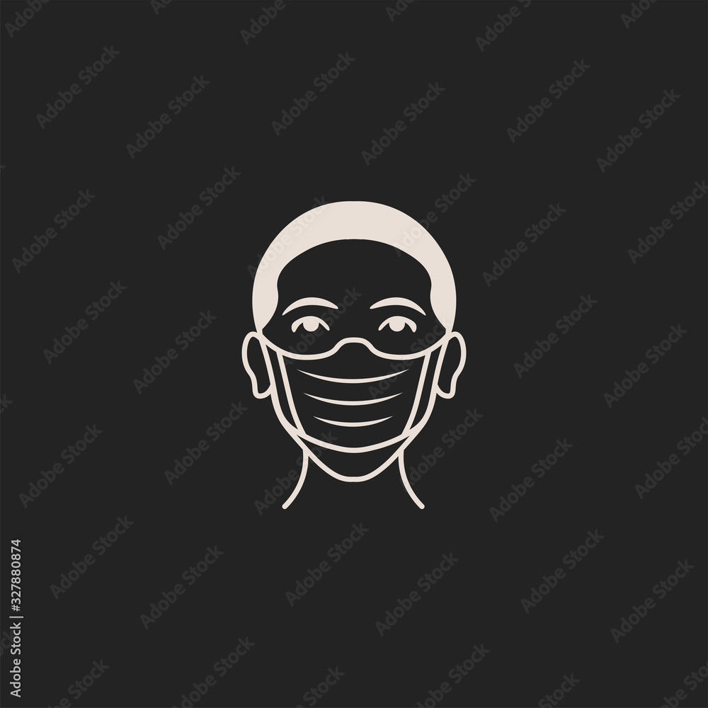 Man face with medical mask during virus epidemic on black background. Medical mask, protection from airborne disease, coronavirus. Vector illustration.