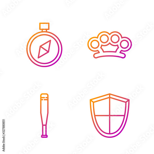 Set line Shield, Baseball bat, Compass and Brass knuckles. Gradient color icons. Vector
