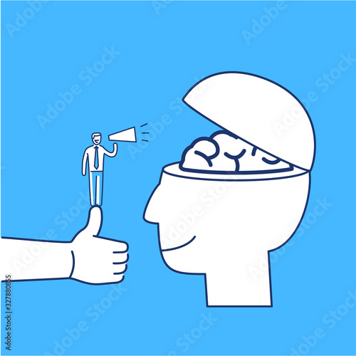 Conceptual vector advertising icon of man standing on thump up with megaphone calling to brain in open head | modern flat design marketing and business linear illustration on blue background
