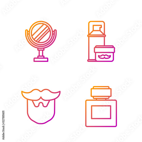 Set line Aftershave, Mustache and beard, Round makeup mirror and Shaving gel foam. Gradient color icons. Vector