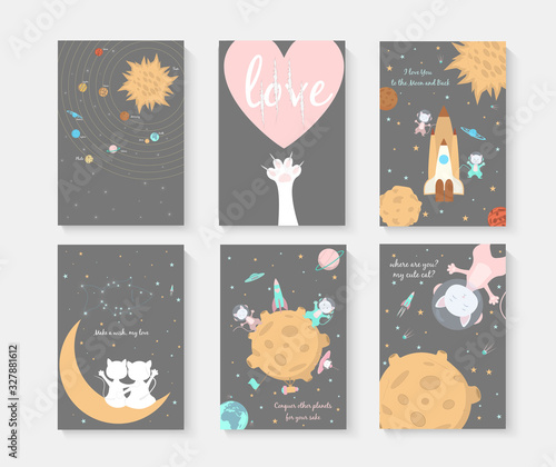 Set cute cats postcards in space. Declaration of love. I love you to the moon and back. Astronaut cats. Poster about the universe. Colorful vector illustration.