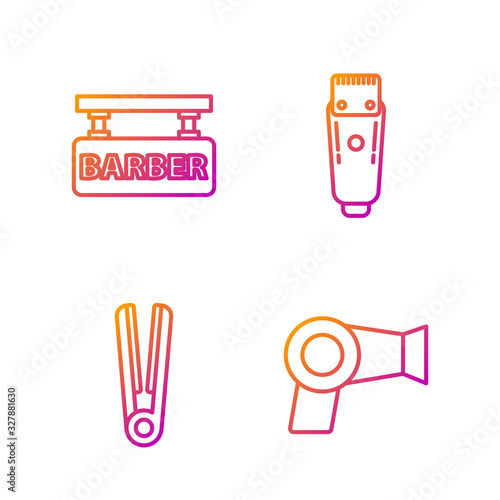 Set line Hair dryer, Curling iron for hair, Barbershop and Electrical hair clipper or shaver. Gradient color icons. Vector