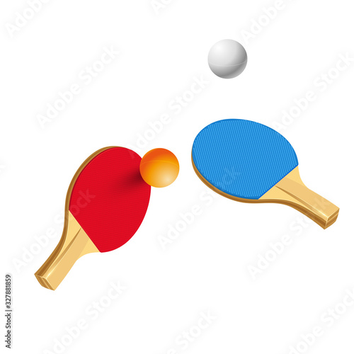 Red and Blue table tennis rackets and ping-pong ball isolated on white background.