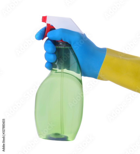 Photography Spray Bottle filled with a disinfectant cleaning fluid and Gloved Hand fro protection against germs and disease