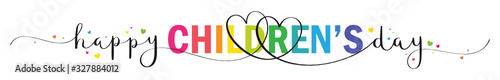 HAPPY CHILDREN'S DAY vector mixed typography banner with brush calligraphy and colorful hearts