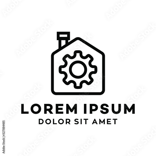 home renovation logo chimney line ouline icon with gear shape illustration