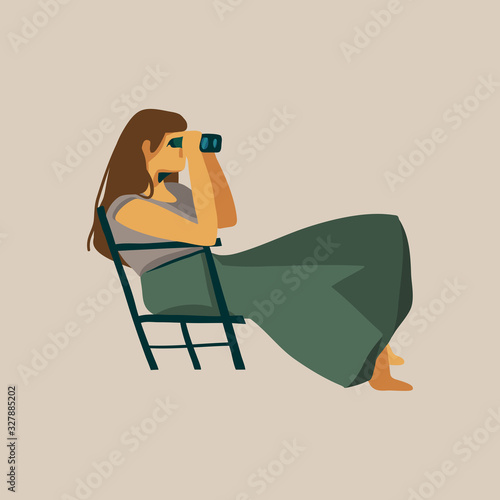 Hand drawn vector stock abstract graphic illustration with a girl sitting on a chair and looking through binoculars on a wild safari isolated on white background