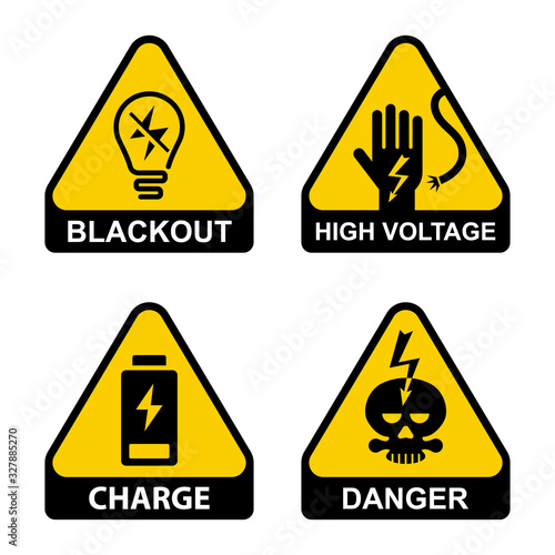 set of icons about electrical safety. sticker carefully high voltage. flat vector illustration.